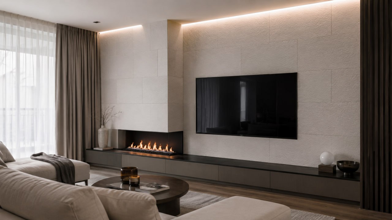 Placa flexibilă în interior: living, șemineu și zonă TV